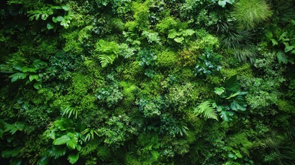 An extensive verdant vertical garden showcasing diverse plant textures and colors