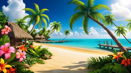 Fototapeta premium Beautiful island with sky background. Summer vacation, holiday amazing nature. AI generated images