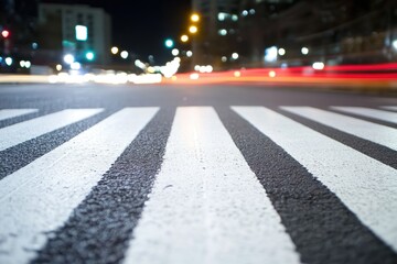 White pedestrian crosswalk lines on dark city street at night