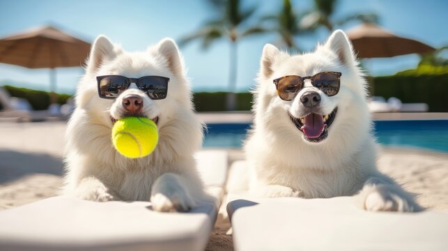 Two dogs are laying on a white beach towel, one of them holding a tennis ball. The dogs are wearing sunglasses and appear to be enjoying their time at the beach