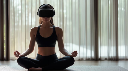 Woman meditating in virtual reality headset, concept for mindfulness, technology and future.