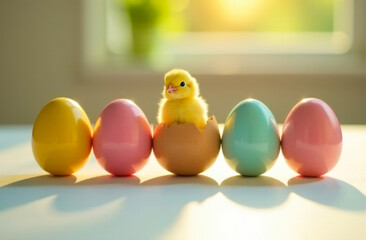 Chicken with colored and natural Easter eggs. Funny cute little chick hatched from egg, spring Easter greeting card.	
