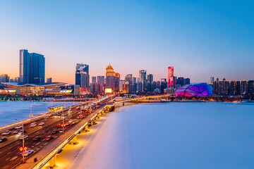 Aerial night view of the city skyline of Hunnan New District, Shenyang, Liaoning Province, China