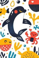 Obraz premium A colorful, playful illustration featuring sea creatures like a dolphin, crab, and fish, surrounded by vibrant coral and bubbles.