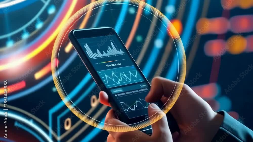 Poster A person uses a modern smartphone displaying data analytics on screens, showcasing the blend of advanced technology, business insights, and innovative AI solutions shaping the future