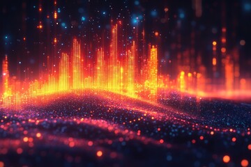 Fototapeta premium Glowing digital city on a dynamic particle landscape