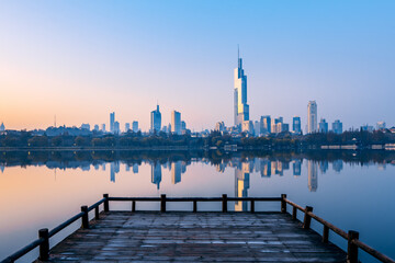 Early morning scenery of Xuanwu Lake and city skyline in Nanjing, Jiangsu Province, China © Govan