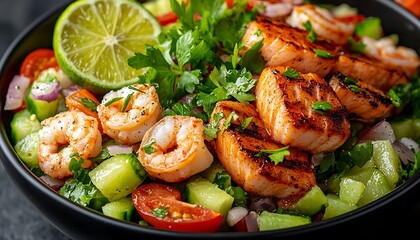 Grilled Salmon  Shrimp Salad Bowl.