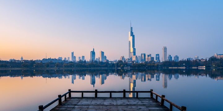 Early morning scenery of Xuanwu Lake and city skyline in Nanjing, Jiangsu Province, China - Powered by Adobe