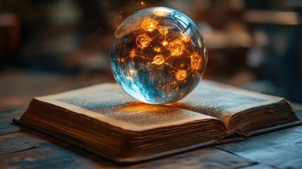 Glowing crystal ball on ancient book in workshop, magic background