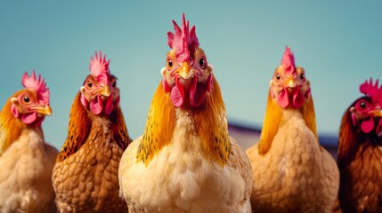 Fototapeta premium Group of five chickens are standing in a row, with one of them having a red beak. They are all facing the camera, and their heads are turned to the right. The chickens are of different sizes