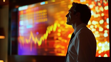 Fototapeta premium A Businessman Analyzing Stock Market Trends on a Digital Screen Financial Strategy, Investment Decisions, and Economic Growth Concept