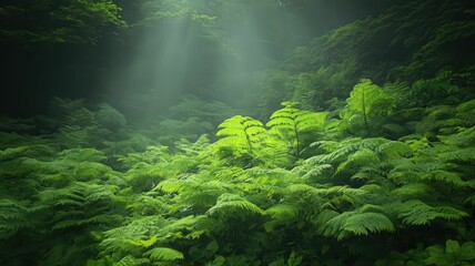 Obraz premium Sunlight Dappled Lush Green Fern Forest