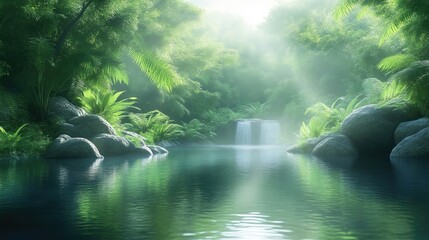 Fototapeta premium Lush jungle creek with a small waterfall. Tranquil morning light streams through the dense foliage