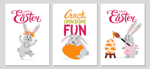 Easter Greeting poster Set. Bunny in various poses, painting eggs, sleeping. Hand drawn lettering. Vertical spring cards for social media, invitation, decorations in room. Vector illustration.