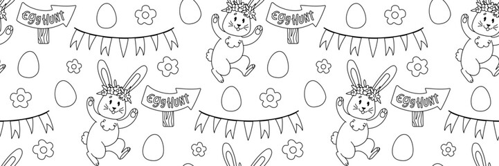 Easter rabbit seamless pattern. Festive game egg hunt. Spring background with funny bunny, wooden pointer and garland of colored flags. For wrapping paper, textiles, children room. Flat illustration.