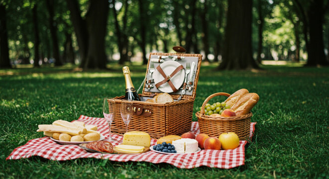 Romantic Picnic in Green Park with Gourmet Food and Champagne - Outdoor Dining Scene