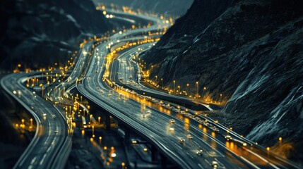 Night Highway Through Mountains