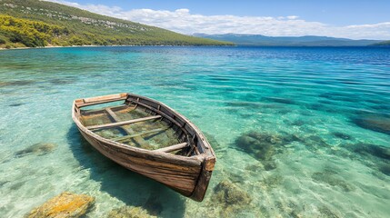 Obraz premium Partially Submerged Wooden Boat in Turquoise Water near Lush Green Hillside