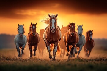 Fototapeta premium Group of horses running in a field with the sun setting in the background. The horses are all brown and white, and they are running in a line. Scene is energetic and lively