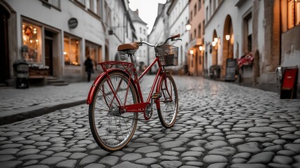 Retro red bike on cobblestone street, timeless charm in monochrome.