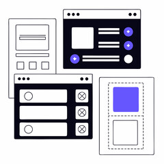 UI UX Wireframe Design. Wireframe layout with interface cards and elements for user experience design.