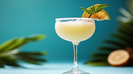 Glass of yellow liquid with a lime wedge on top. The drink is in a martini glass and is garnished with a cherry. Concept of sophistication and elegance, as the drink is presented in a stylish