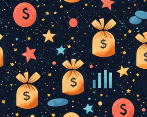 A colorful pattern featuring money bags, dollar signs, stars, and charts against a dark background, symbolizing finance and prosperity.