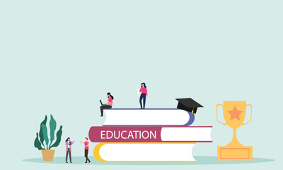 Students sitting on pile of giant books reading and working on laptop. learning and education concept. Modern vector illustration.