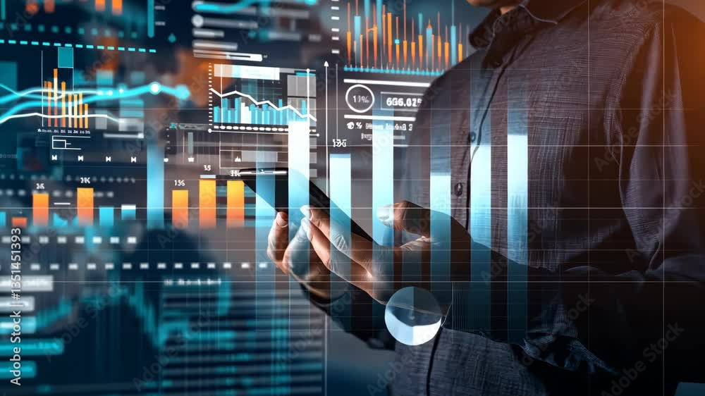 Poster A skilled business professional specializing in digital analytics, using a smartphone to explore dynamic data visualizations that highlight key trends and metrics in technology and finance