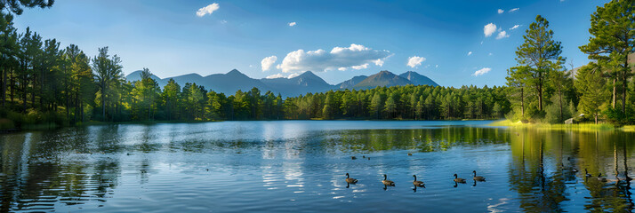 Fototapeta premium Serene Lake Landscape with Reflective Water, Towering Pines, and Distant Mountains at Sunrise or Sunset