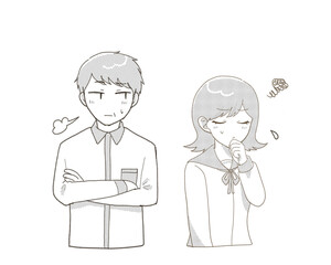 不機嫌そうな女子学生と不安そうなミドル男性