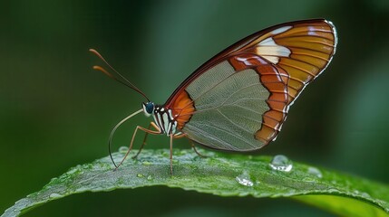 Closeup of a Colorful Butterfly Resting on a Dewy Green Leaf in a Natural Setting