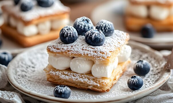 Square biscuit topped with marshmallows and blueberries, Generative AI - Powered by Adobe