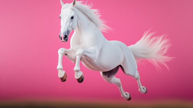 White horse is flying through the air. The horse is white and has a long mane. The horse is in the air and he is jumping. The background is pink, which adds a sense of color