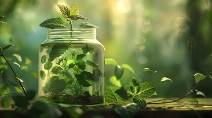  Plants in glass jar on wooden table in green forest, Ecology concept
