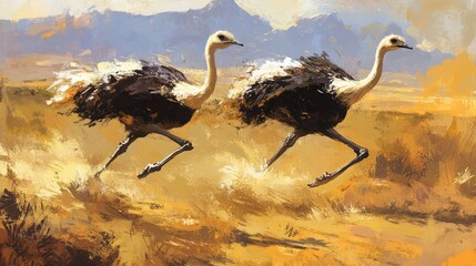 Two Ostriches Running Across the African Savannah