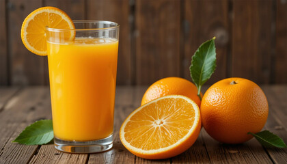 orange fruit and glass of juice on brown wooden background