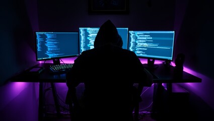 Hooded figure in dark room working on multiple computer monitors displaying code. Purple ambient lighting illuminates the workspace creating a moody atmosphere.