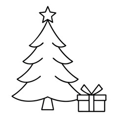 line drawing of a christmas tree with gift box vector illustration 