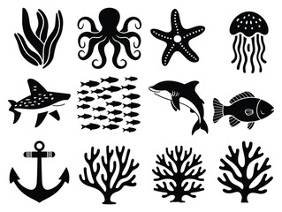 Fototapeta premium Black and White Marine Life Silhouettes
