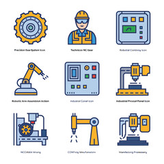2d vector illustration colorful machine , worker and Industry and its development technology, factories and production lines icon
