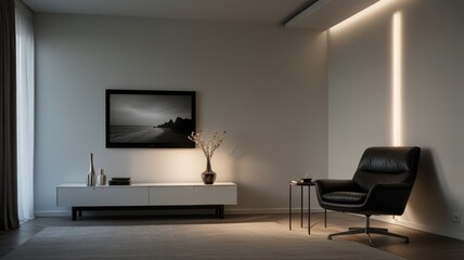 Modern minimalist living room, warm lighting
