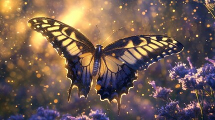 Colorful Butterfly Perched on Purple Flowers Surrounded by Sparkling Light in Nature Garden