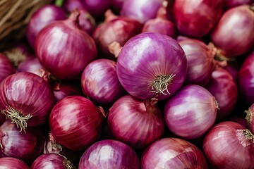 Pile of Red Onions Close Up in a Basket at the Market
