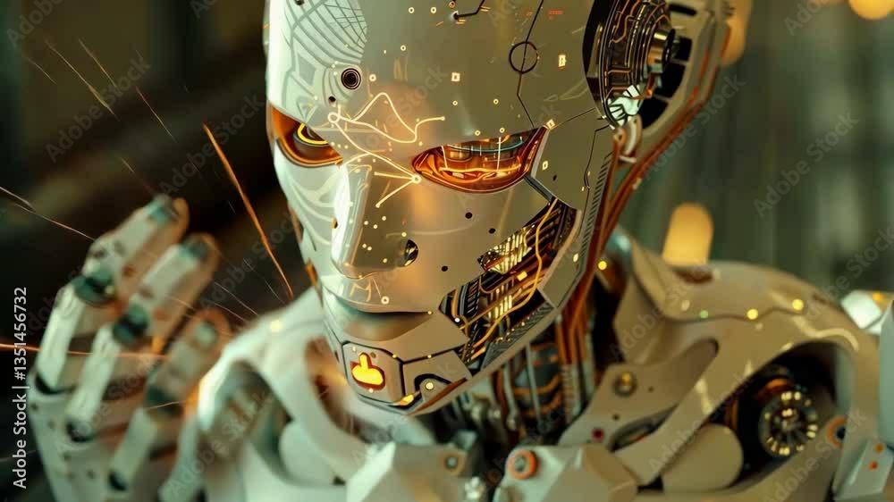 Poster This closeup image shows a sophisticated robot with intricate circuitry and glowing components, highlighting advancements in AI technology and excellent engineering in a hightech environment