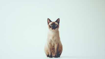 Beautiful Burmese cat is sitting on a white background. Looking forward. The cat's eyes are wide open, giving it a curious and alert appearance . Copy space .