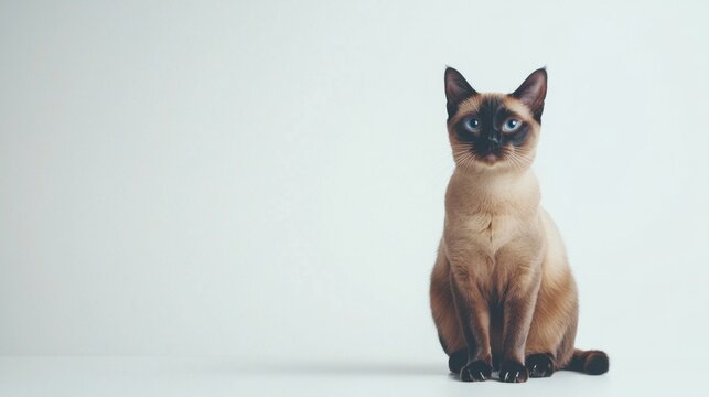 Beautiful Burmese cat is sitting on a white background. Looking forward. The cat's eyes are wide open, giving it a curious and alert appearance . Copy space .