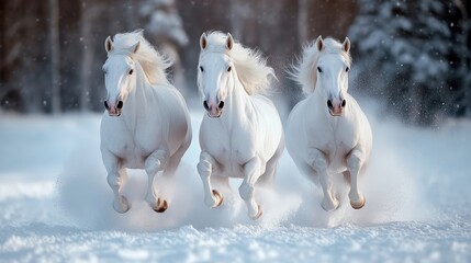 Three white horses gallop across a snowy winter landscape