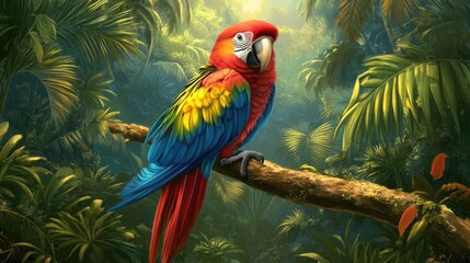 Scarlet Macaw in Lush Tropical Paradise: Vibrant Feathers and Verdant Foliage